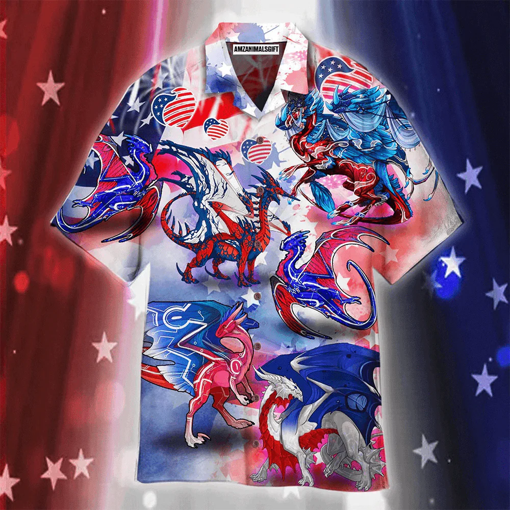 Dragon American Flag Red And Blue Aloha Hawaiian Shirts For Men Women, 4th Of July Gift For Summer, Friend, Family, Independence Day, Dragon Lovers - Image 2