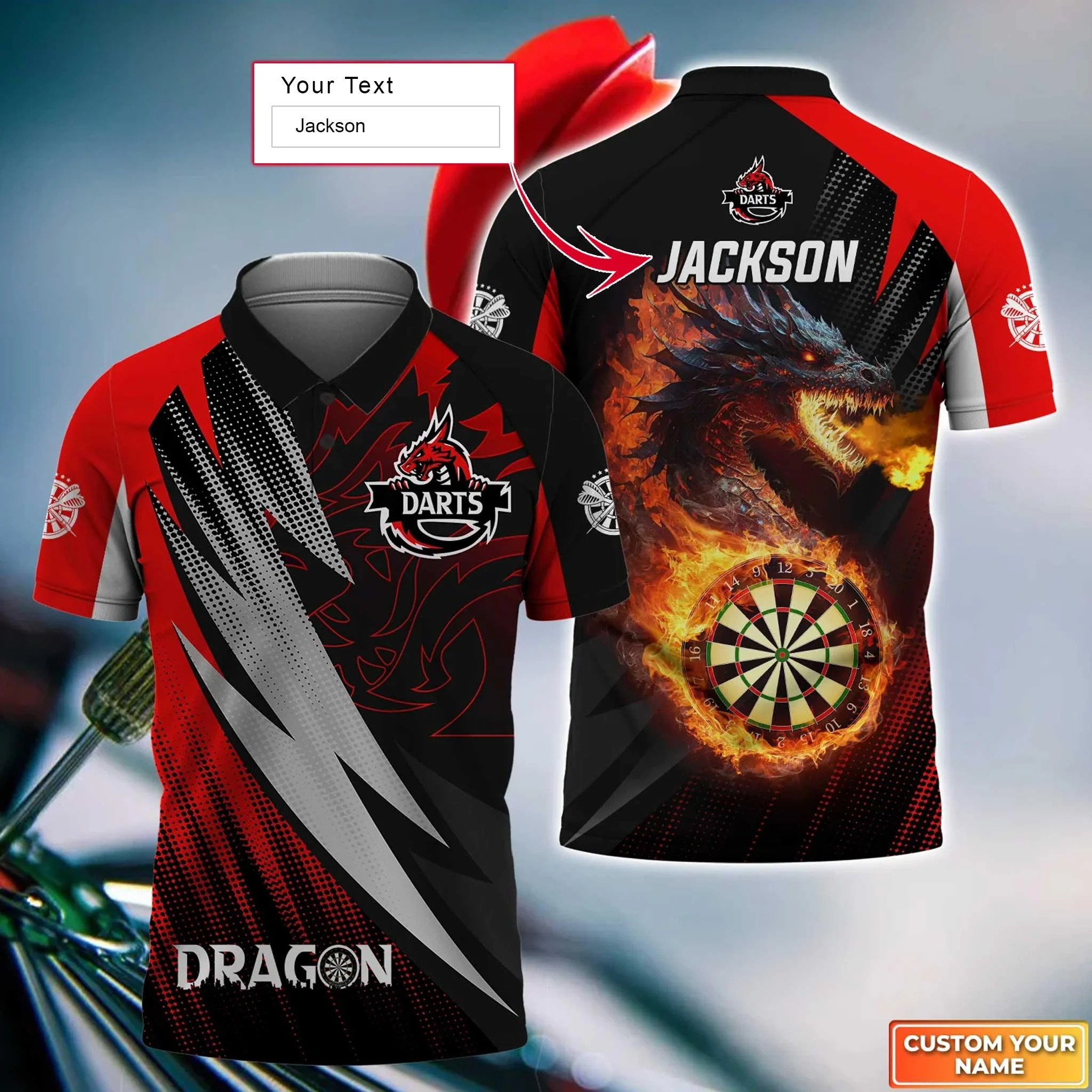 Dragon And Darts Custom Name Men Polo Shirt, Flame Dartboard Personalized Men Polo Shirt Gift For Darts Lovers, Friends, Darts Team Player