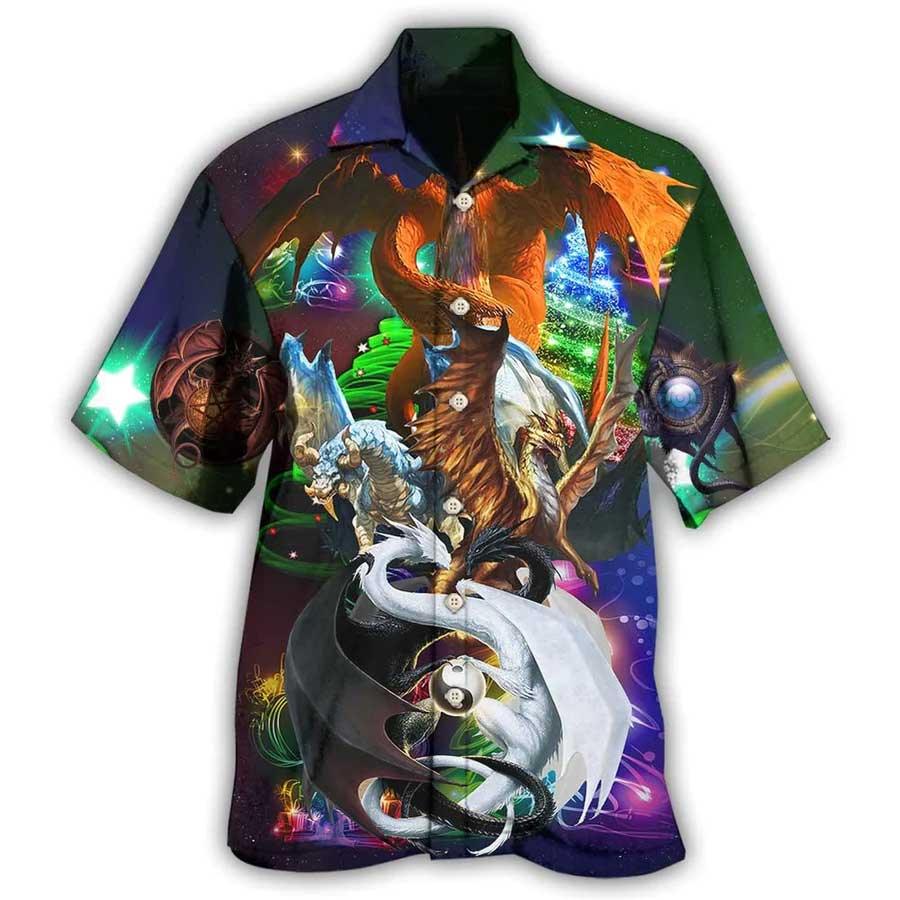Dragon Christmas Aloha Hawaiian Shirt For Summer, Dragon Black And White Merry Christmas Hawaiian Shirts Outfit For Men Women, Dragon Lovers