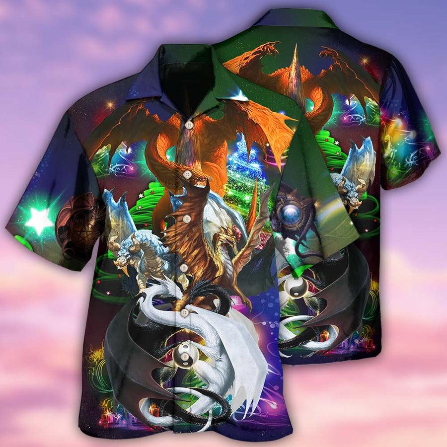 Dragon Christmas Aloha Hawaiian Shirt For Summer, Dragon Black And White Merry Christmas Hawaiian Shirts Outfit For Men Women, Dragon Lovers - Image 2