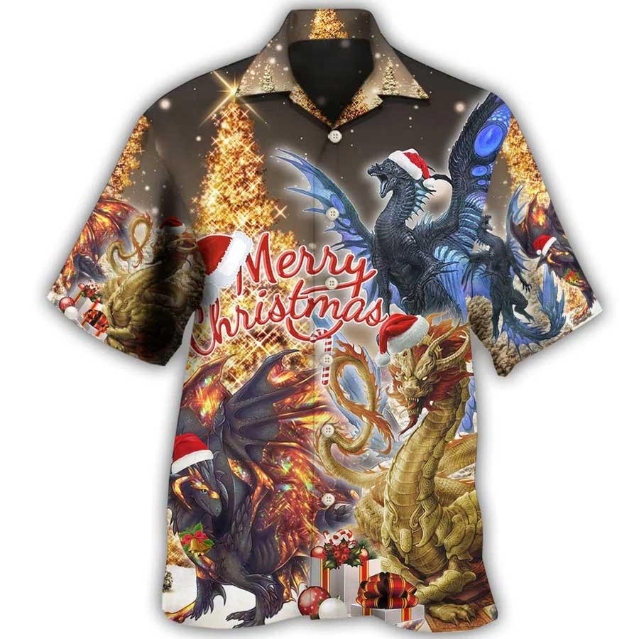 Dragon Christmas Aloha Hawaiian Shirt For Summer, Dragon Gold And Black Merry Christmas Amazing Hawaiian Shirts Outfit For Men Women, Dragon Lovers - Image 2