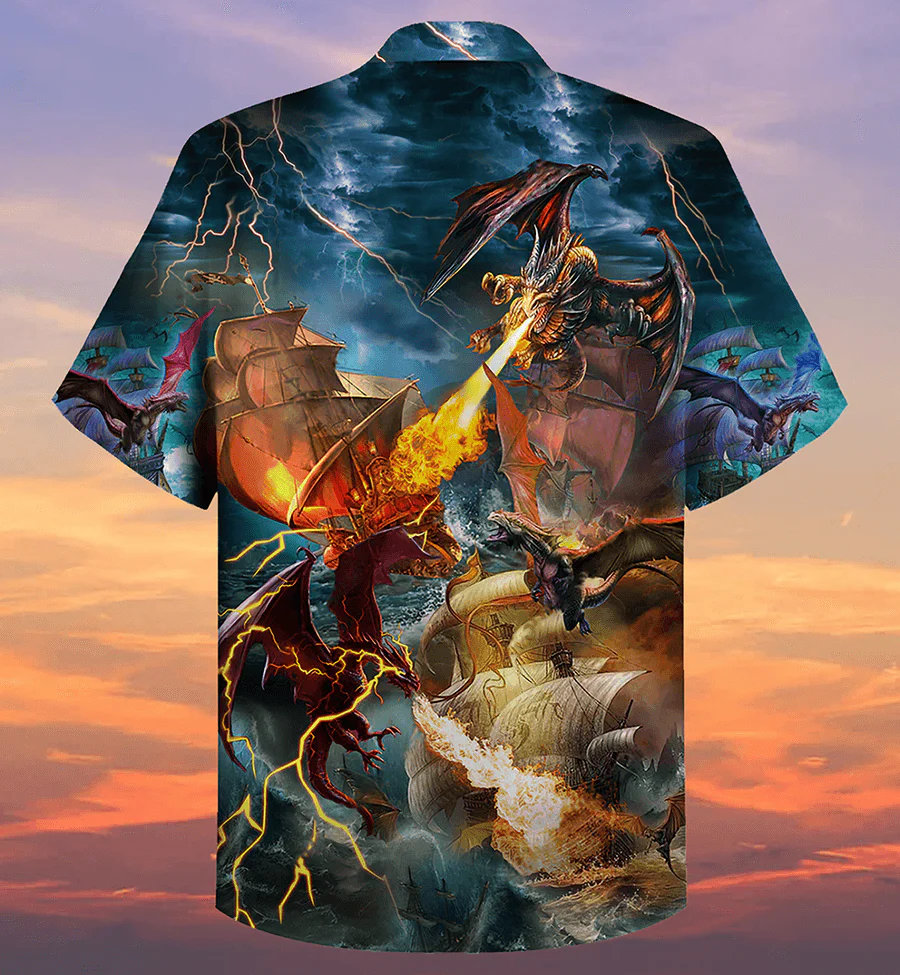 Dragon Colorful Aloha Hawaiian Shirt For Summer, Dragon Fight With The Pirate Ship Hawaiian Shirts Outfit For Men Women, Dragon Lovers - Image 2