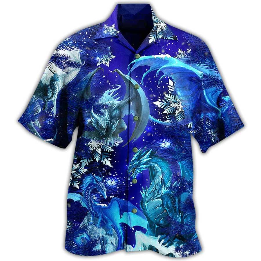 Dragon Snow Hawaiian Shirt For Summer, Dragon Merry Xmas Snow Love Blue Color Hawaiian Shirts Outfit For Men Women, Dragon Lovers - Image 3