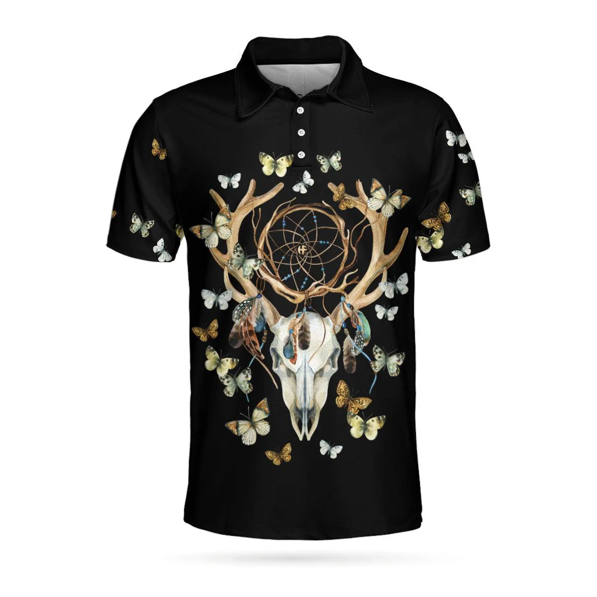 Dream Catcher Skull Deer Butterfly Short Sleeve Polo Shirt, Black Dreamcatcher Shirt For Men, Polo Shirt Gift For Men - Image 3