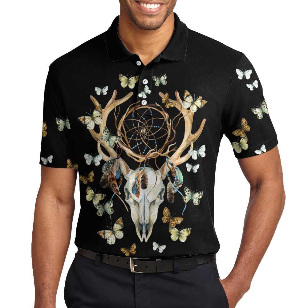 Dream Catcher Skull Deer Butterfly Short Sleeve Polo Shirt, Black Dreamcatcher Shirt For Men, Polo Shirt Gift For Men - Image 4