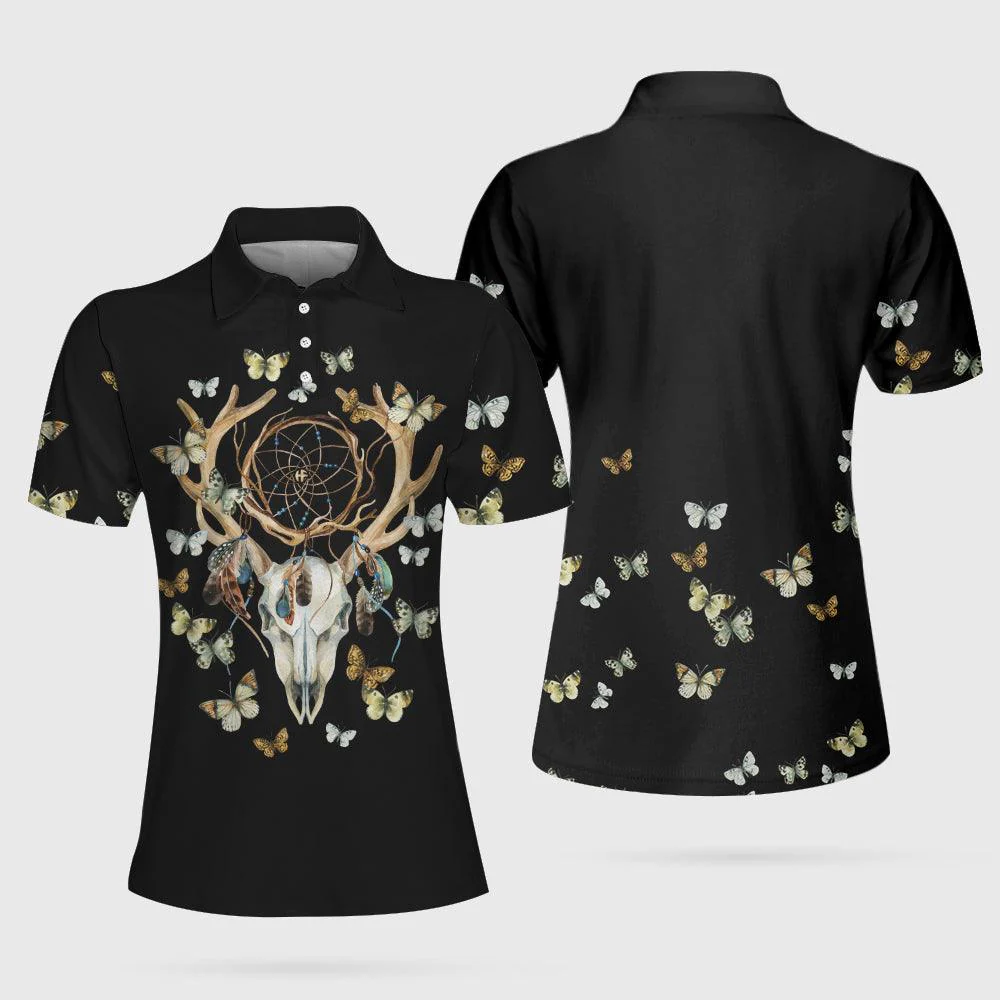 Dream Catcher Skull Deer Butterfly Short Sleeve Polo Shirt, Black Dreamcatcher Shirt For Men, Polo Shirt Gift For Men - Image 5