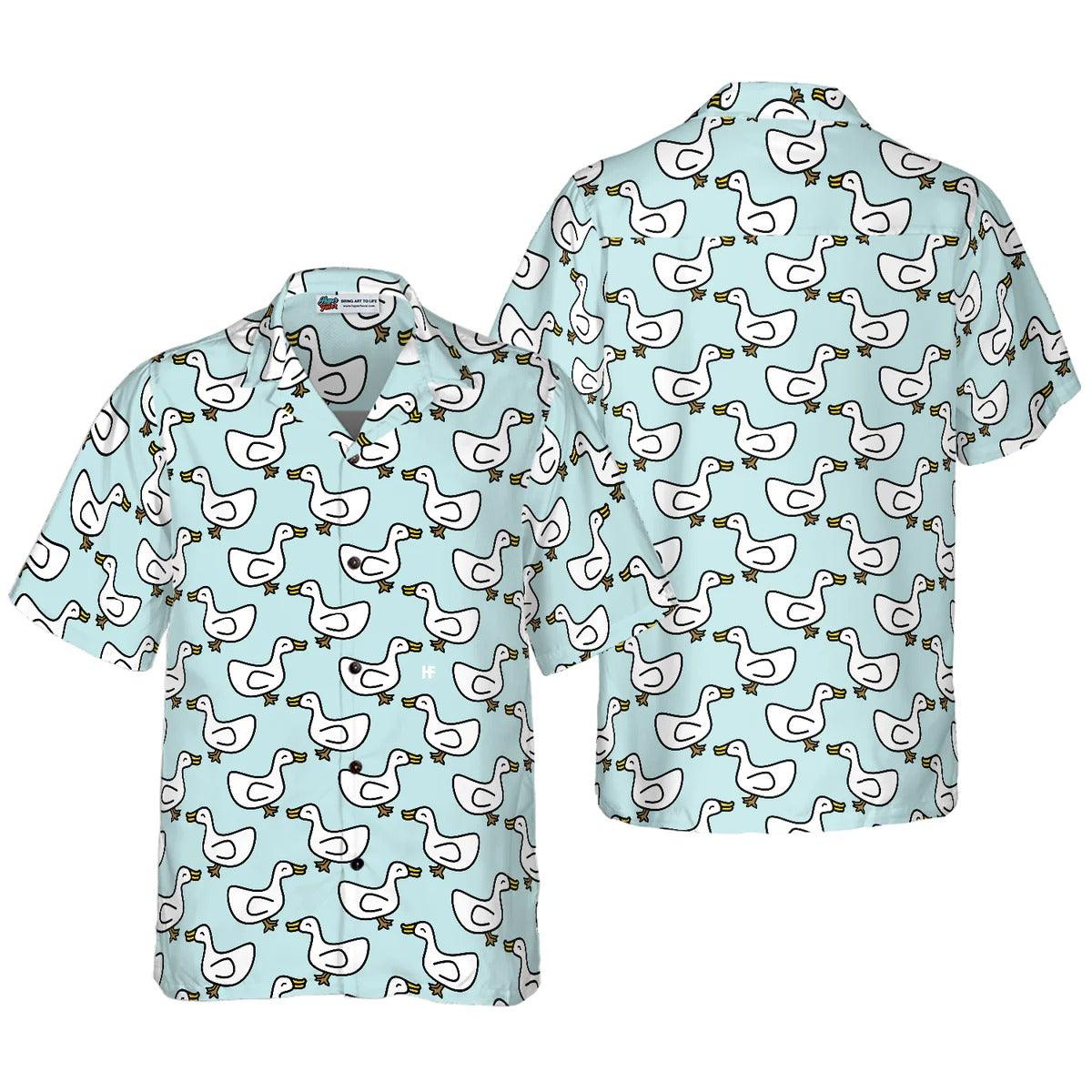 Duck Hawaiian Shirt, White Duck Cartoon In Blue Aloha Shirt For Men Women - Perfect Gift For Duck Lovers, Husband, Boyfriend, Friend, Family