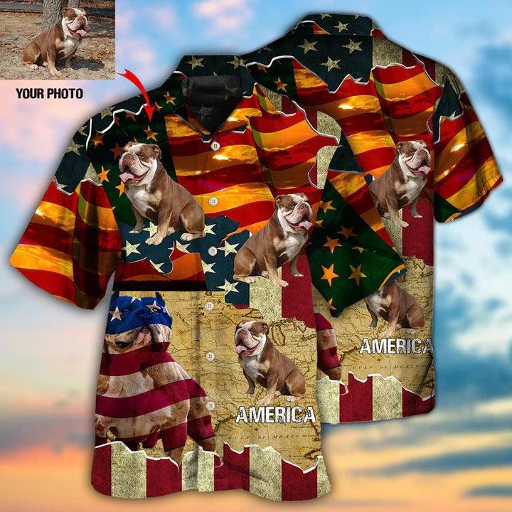 English Bulldog Custom Aloha Hawaii Shirt - Custom Photo America Sunset Personalized Hawaiian Shirt For Summer - Perfect Gift For Dog Lovers, Friend, Family