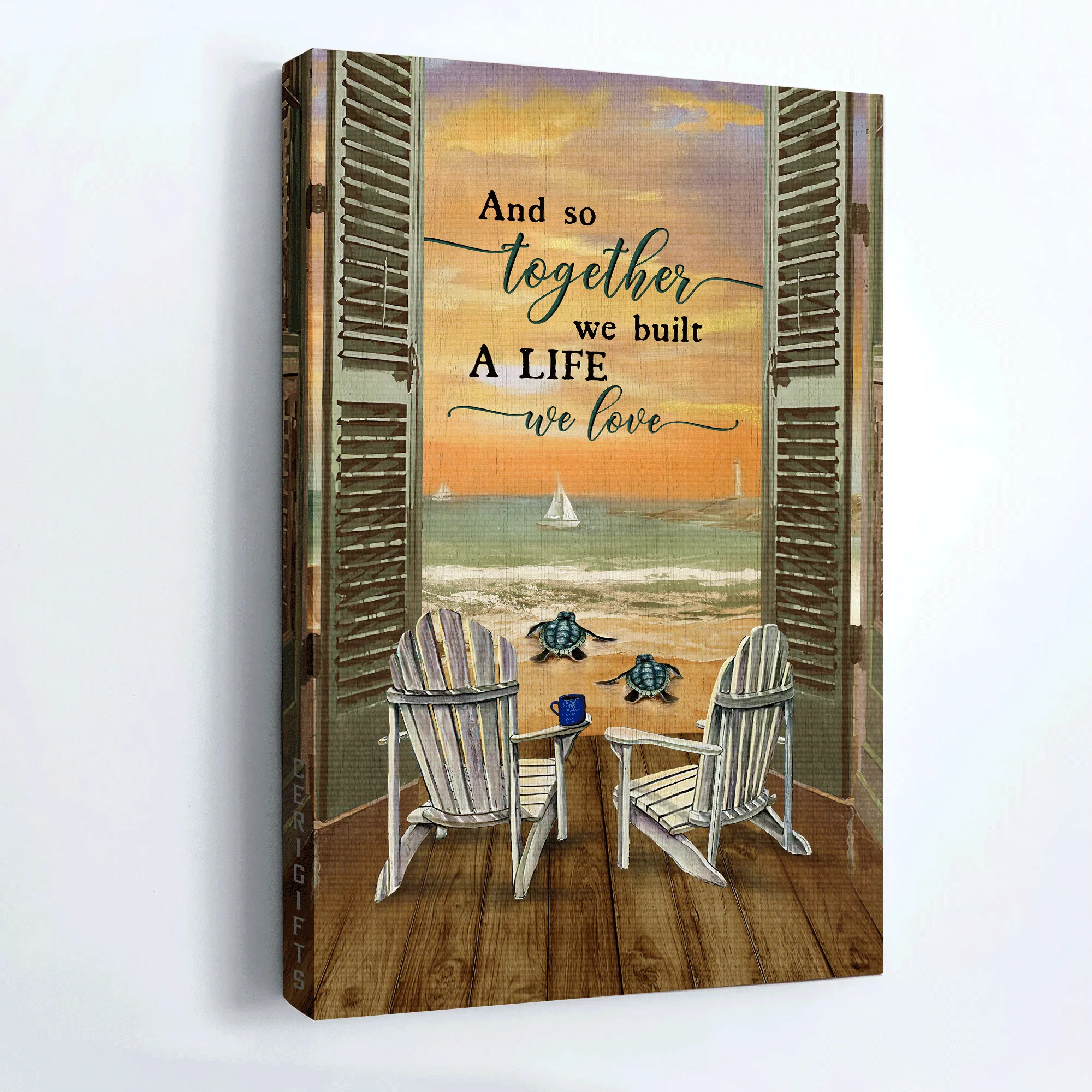 Family Premium Wrapped Portrait Canvas - Beach Chair, Sea Turtle, Sunset Ocean, And So Together We Built A Life We Love - Gift For Members Family