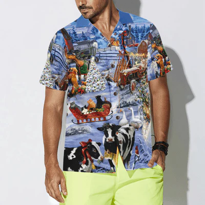 Farmer Hawaiian Shirt, Beautiful Farm On Christmas Aloha Shirt For Men - Perfect Gift For Farmer, Farm Lover, Husband, Boyfriend, Friend, Family - Image 4