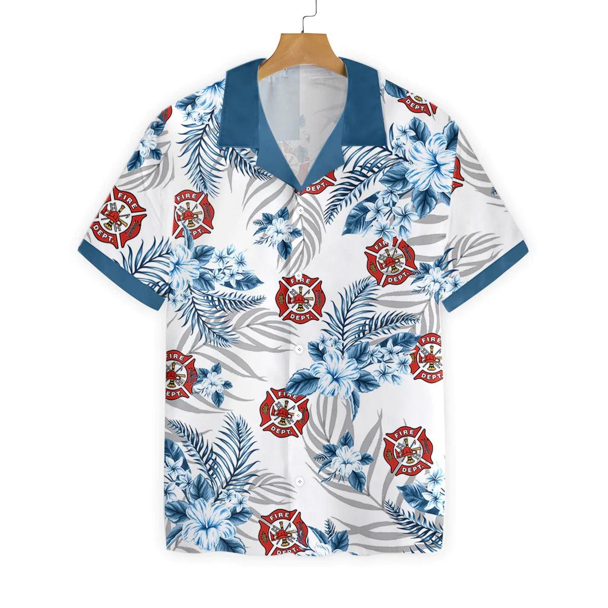 Firefighter Custom Name Hawaiian Shirt, Personalized Tropical Flowers Firefighter Logo Hawaiian Shirt - Perfect Gift For Firefighter, Husband, Friends, Family - Image 2