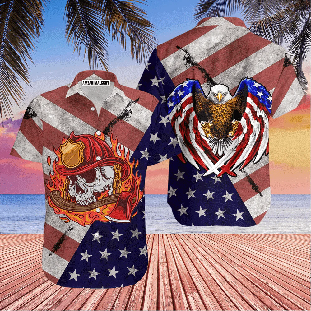 Firefighter Fire Fighter Skull Eagle American Flag Red And White Aloha Hawaiian Shirts For Men Women, 4th Of July Gift For Summer, Friend, Family - Image 2
