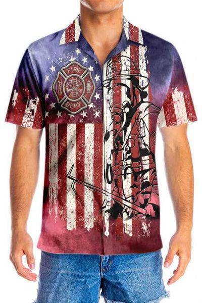 Firefighter Hawaiian Shirt, American Flag, Fire Department Logo Aloha Shirt For Men - Perfect Gift For Firefighter, Husband, Boyfriend, Friend, Family - Image 3