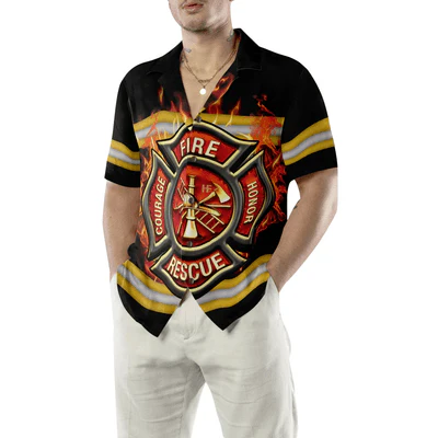 Firefighter Hawaiian Shirt, Courage And Honor Fire Dept Badge Aloha Shirt For Men - Perfect Gift For Firefighter, Husband, Boyfriend, Friend, Family - Image 5