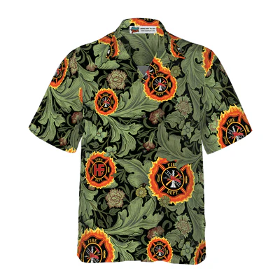 Firefighter Hawaiian Shirt, Floral And Leaves Fire Dept Logo Firefighter Aloha Shirt For Men - Gift For Firefighter, Husband, Boyfriend, Family, Friends - Image 2