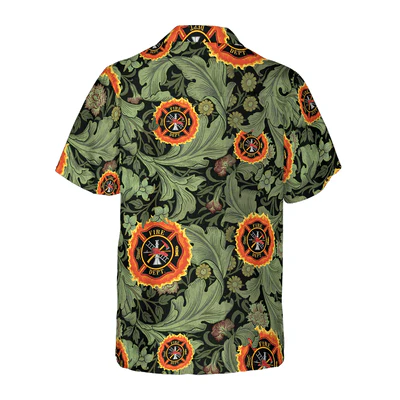 Firefighter Hawaiian Shirt, Floral And Leaves Fire Dept Logo Firefighter Aloha Shirt For Men - Gift For Firefighter, Husband, Boyfriend, Family, Friends - Image 3
