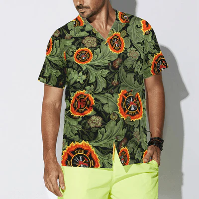 Firefighter Hawaiian Shirt, Floral And Leaves Fire Dept Logo Firefighter Aloha Shirt For Men - Gift For Firefighter, Husband, Boyfriend, Family, Friends - Image 4