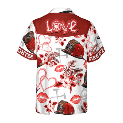 Firefighter Hawaiian Shirt, Love Firefighter Helmet Valentine Aloha Shirt For Men - Gift For Firefighter, Husband, Boyfriend, Family, Friends - Image 2
