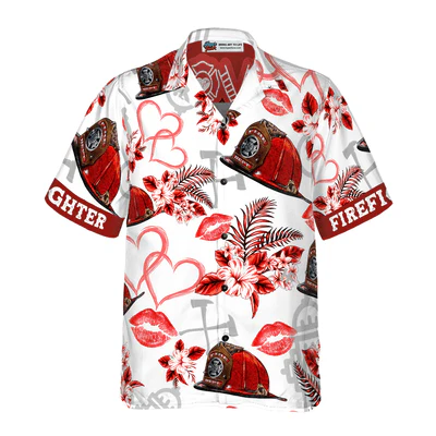 Firefighter Hawaiian Shirt, Love Firefighter Helmet Valentine Aloha Shirt For Men - Gift For Firefighter, Husband, Boyfriend, Family, Friends - Image 4