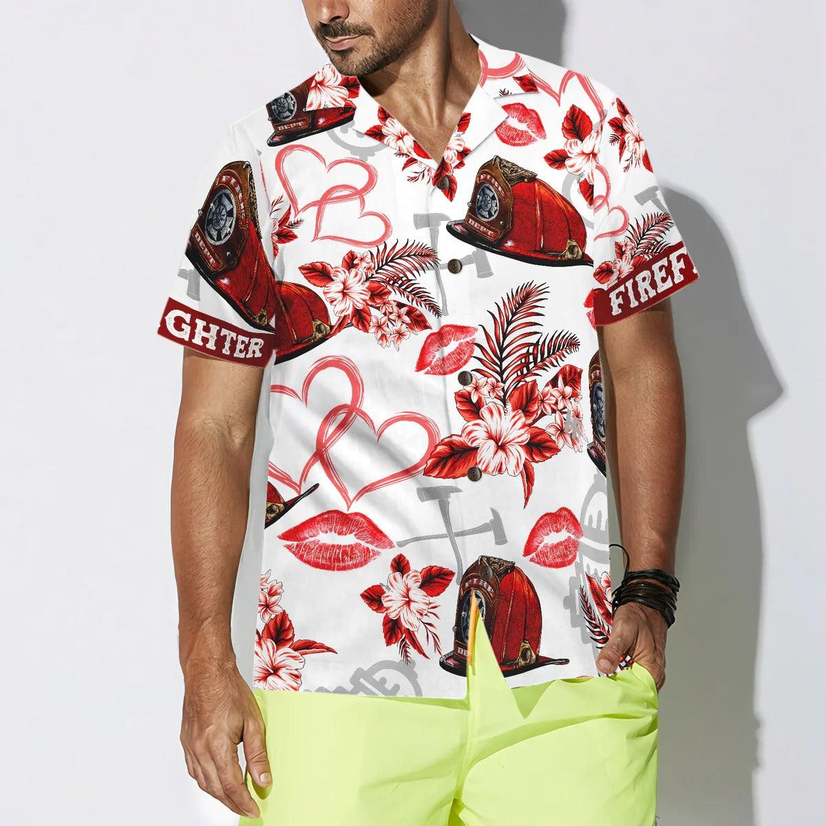 Firefighter Hawaiian Shirt, Love Firefighter Helmet Valentine Aloha Shirt, Pink Heart Red Floral Firefighter Hawaiian Shirt - Gift For Lover, Friend, Family - Image 5