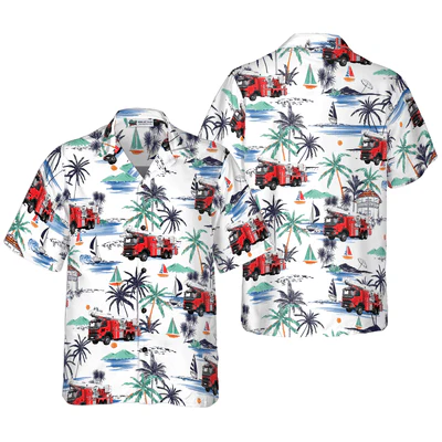 Firefighter Hawaiian Shirt, White Tropical Red Fire Truck Aloha Shirt For Men - Perfect Gift For Firefighter, Husband, Boyfriend, Friend, Family