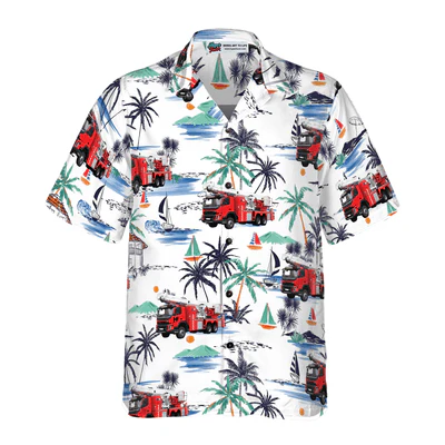 Firefighter Hawaiian Shirt, White Tropical Red Fire Truck Aloha Shirt For Men - Perfect Gift For Firefighter, Husband, Boyfriend, Friend, Family - Image 3