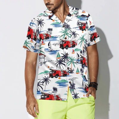 Firefighter Hawaiian Shirt, White Tropical Red Fire Truck Aloha Shirt For Men - Perfect Gift For Firefighter, Husband, Boyfriend, Friend, Family - Image 4