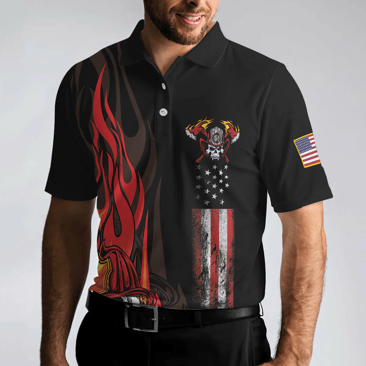 Firefighter Skull Flame Short Sleeve Men Polo Shirt, Black American Flag Firefighter Shirt For Men, Gift For Firefighter - Image 5
