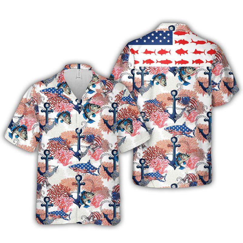 Fishing Aloha Hawaiian Shirts For Summer, Fish USA Flag Bass Fishing Style American Patriot Hawaiian Set Outfits For Men Women, Gift For Friend - Image 5