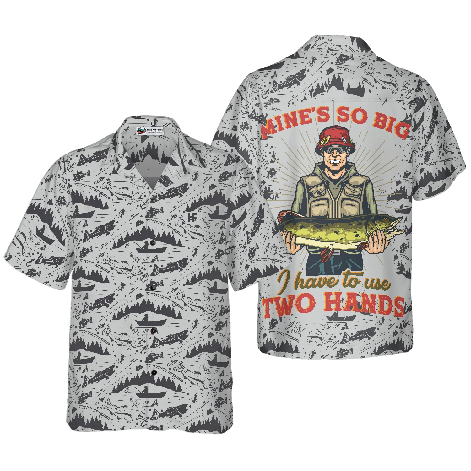 Fishing Hawaiian Shirt, Mine's So Big I Have To Use Two Hands, Colorful Summer Aloha Shirt For Men Women, Gift For Friend, Team, Fishing Lovers
