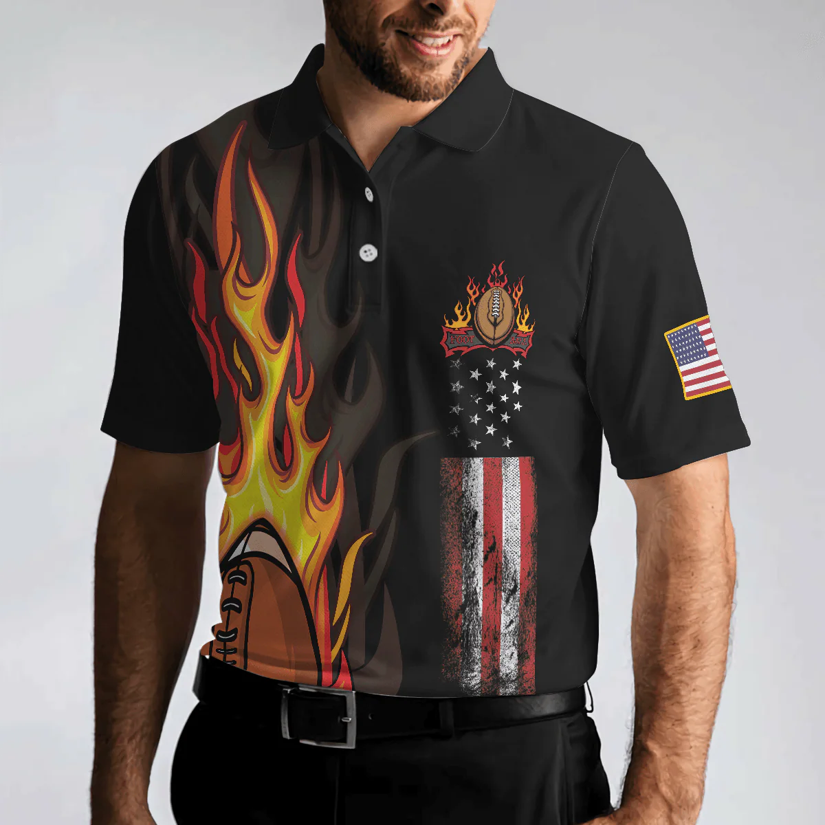 Flame American Football Black Men Polo Shirt, American Flag Football Polo Shirt, Best Football Shirt For Men - Image 4