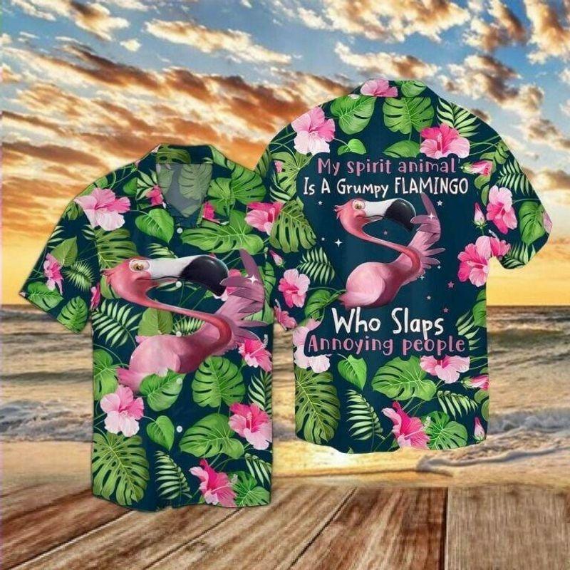 Flamingo Aloha Hawaiian Shirt - My Spirit Animal Is A Grumpy Flamingo Who Slaps Annoying People Hawaiian Shirt For Men & Women, Flamingo Lover