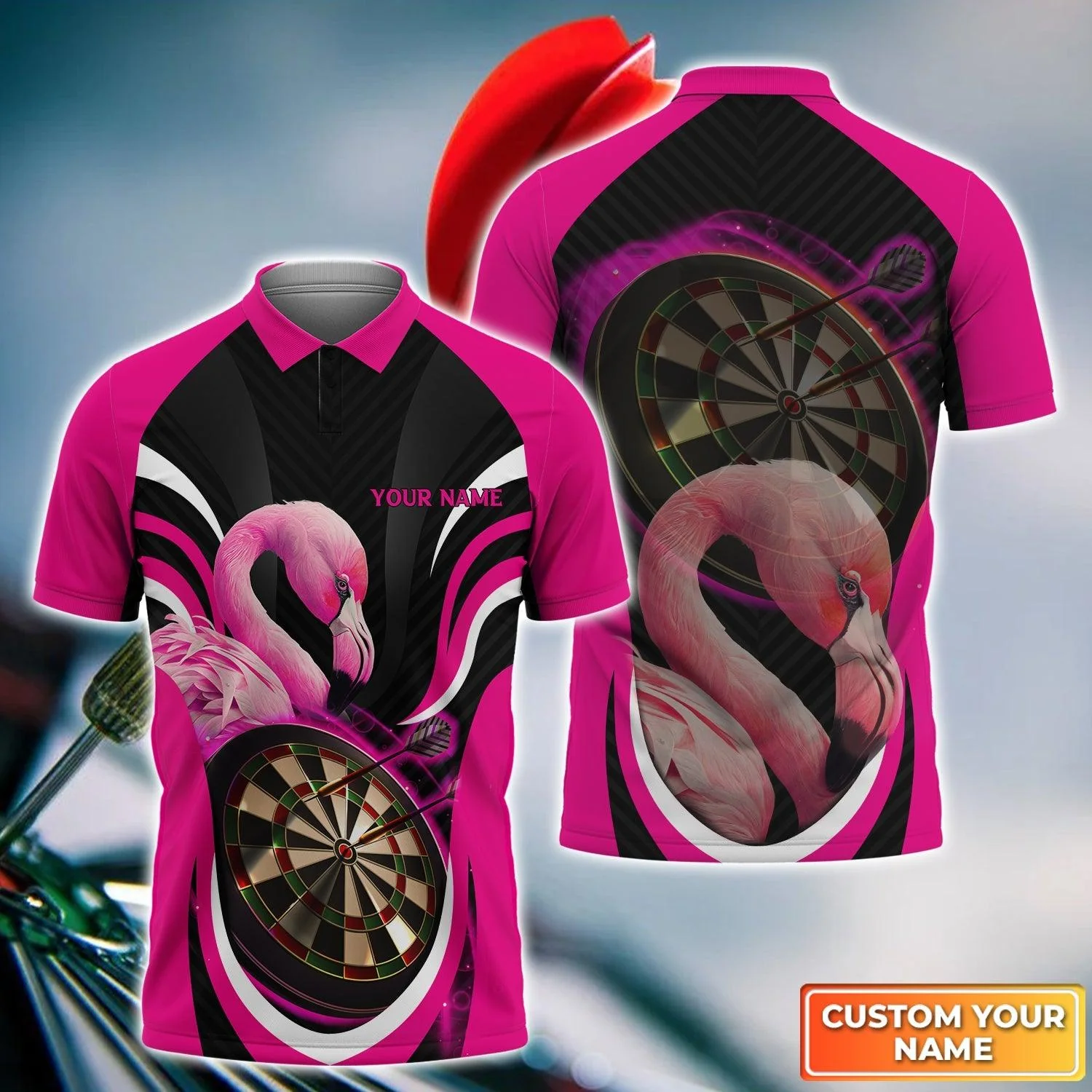 Flamingo And Darts Custom Name Men Polo Shirt, Pink Bullseye Dartboard Personalized Men Polo Shirt Gift For Darts Lovers, Friend, Team Player
