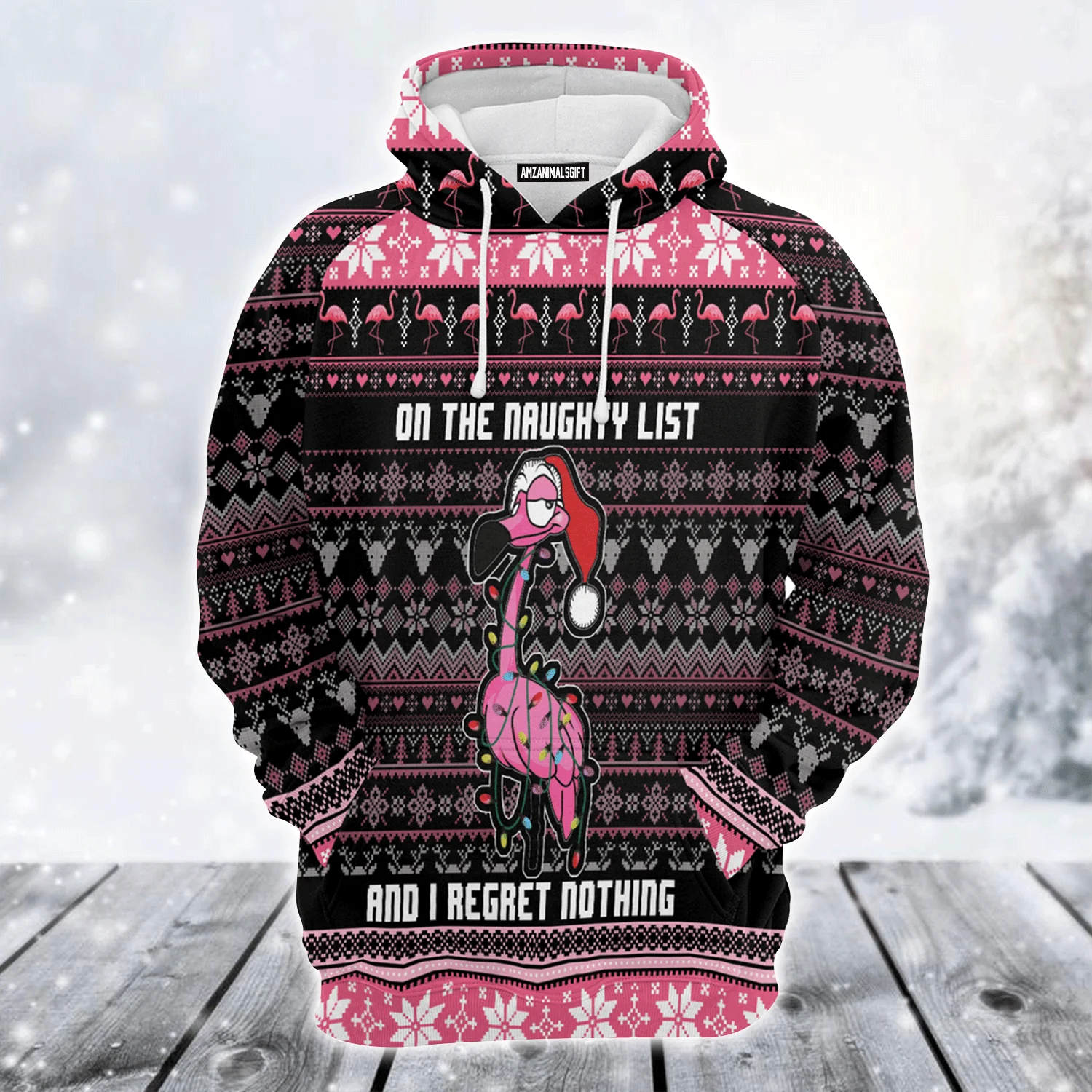 Flamingo Claus Premium Christmas Hoodie, On The Naughty List And I Regret Nothing Unisex Hoodie For Men & Women - Perfect Gift For Christmas, Flamingo Lovers - Image 2