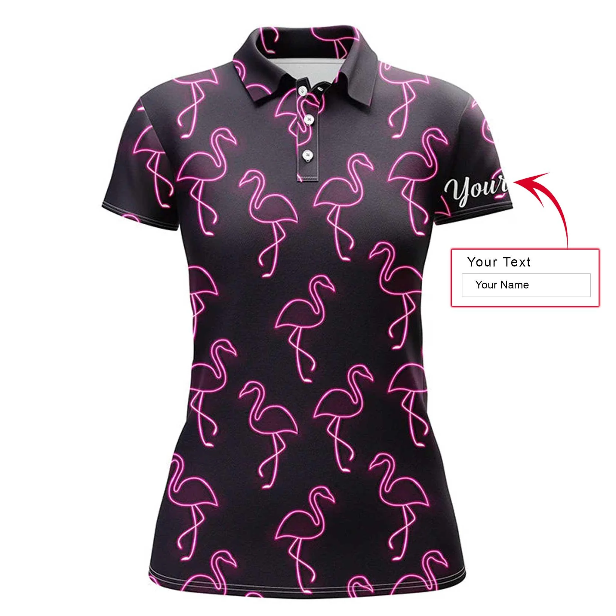 Flamingo Custom Name Women Polo Shirt, Neon Pink Flamingos Birds Pattern Personalized Women Polo Shirts, Best Gift For Female, Flamingo Lovers