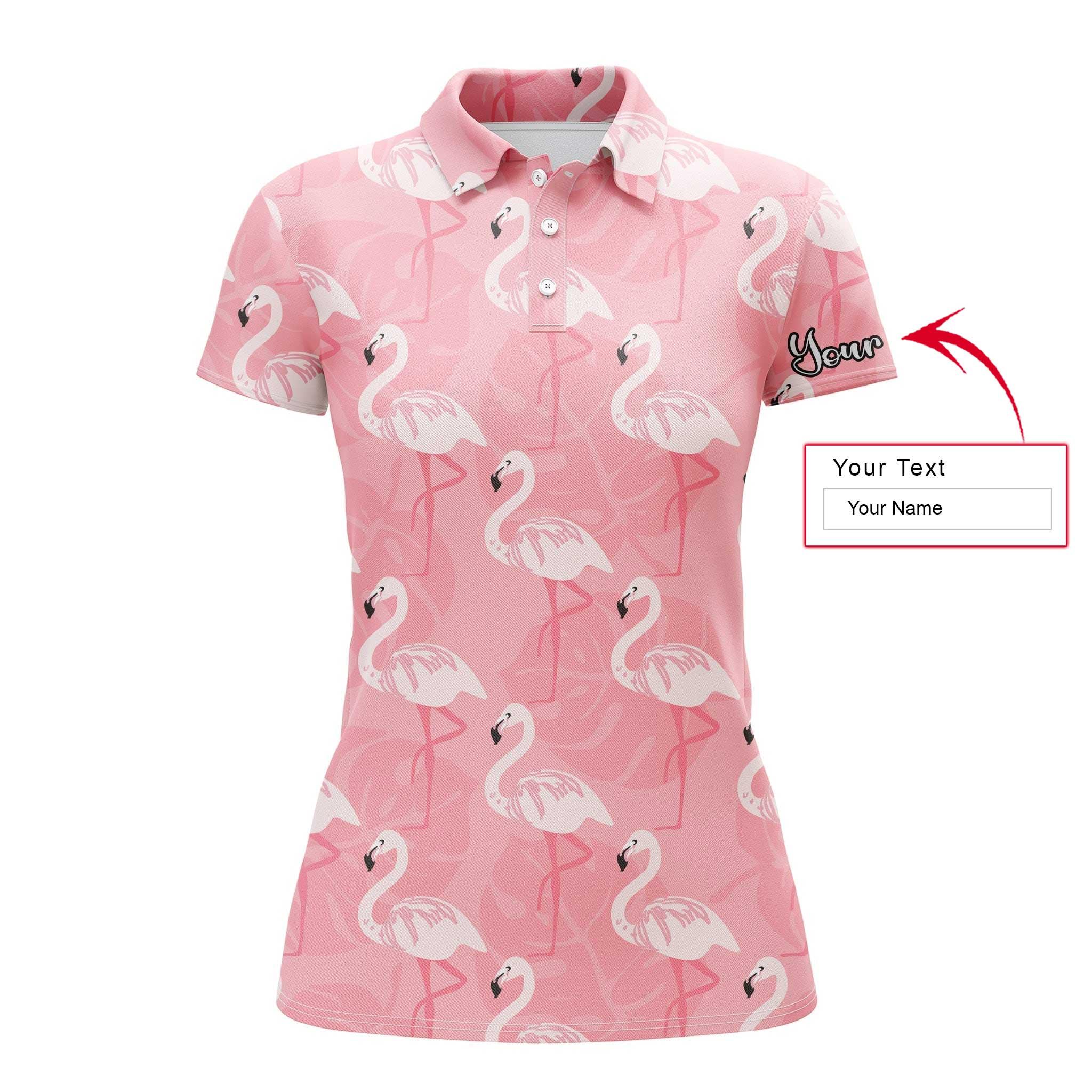 Flamingo Custom Name Women Polo Shirt, Pink Flamingo Pattern Personalized Women Polo Shirts, Perfect Gift For Ladies, Flamingo Lovers