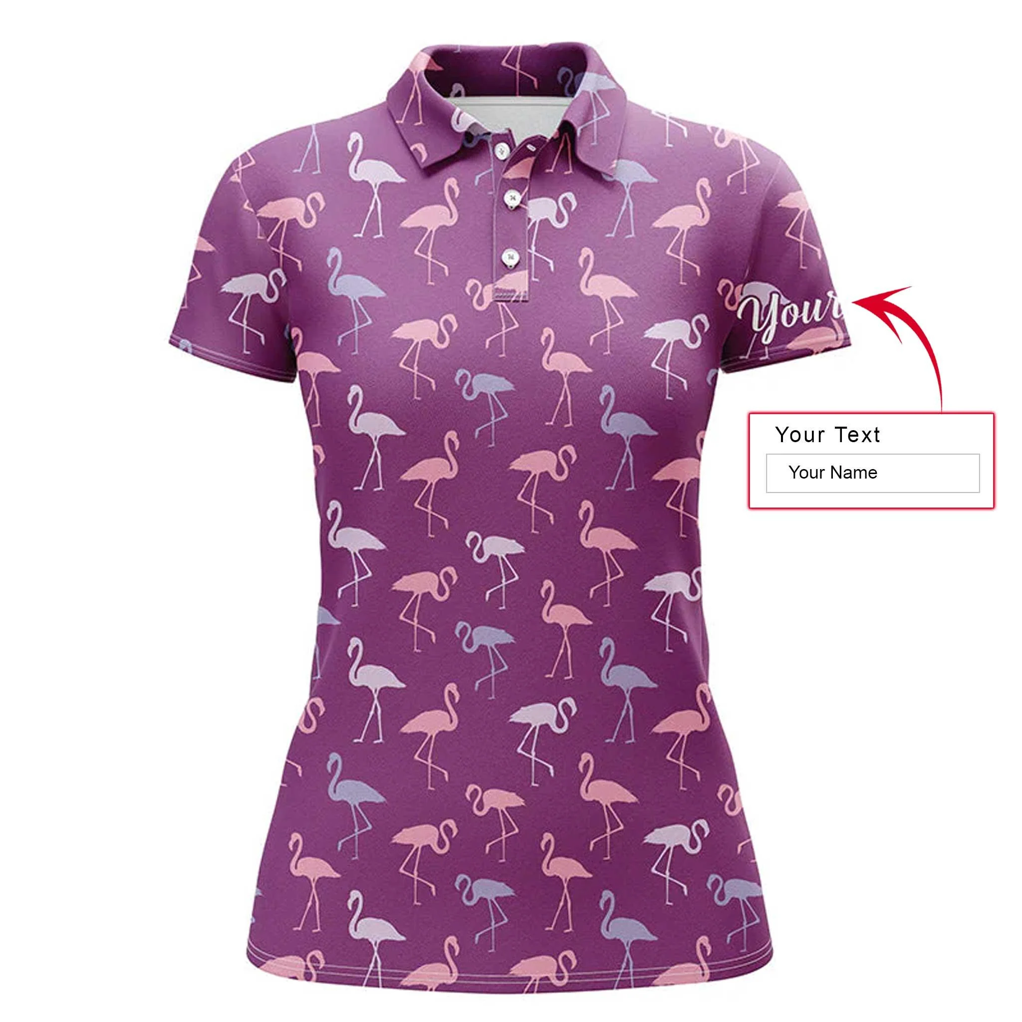 Flamingo Custom Name Women Polo Shirt, Purple Flamingo Birds Pattern Tropical Personalized Women Polo Shirts, Best Gift For Female, Flamingo Lovers