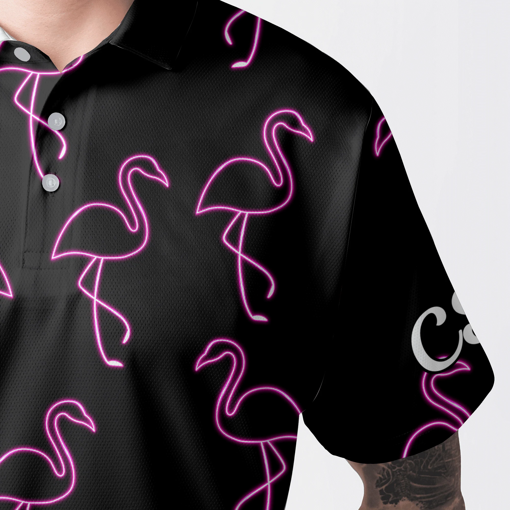 Flamingo Golf Men's Long Sleeve Polo Shirt - Custom Name Neon Pink Flamingos Pattern Apparel - Personalized Gift For Golf Lover, Team, Husband, Boyfriend, Men - Image 5