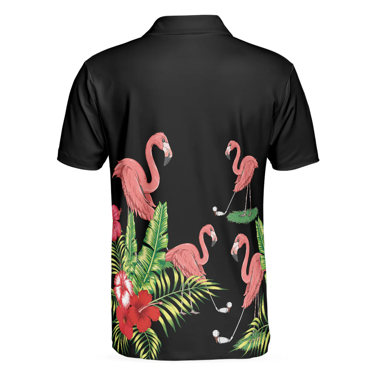 Flamingo Playing Golf And Tropical Pattern Polo Shirt, Pink Flamingo Short Sleeve Polo Shirt For Golfers - Image 2