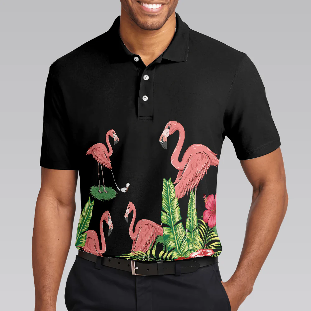 Flamingo Playing Golf And Tropical Pattern Polo Shirt, Pink Flamingo Short Sleeve Polo Shirt For Golfers - Image 4