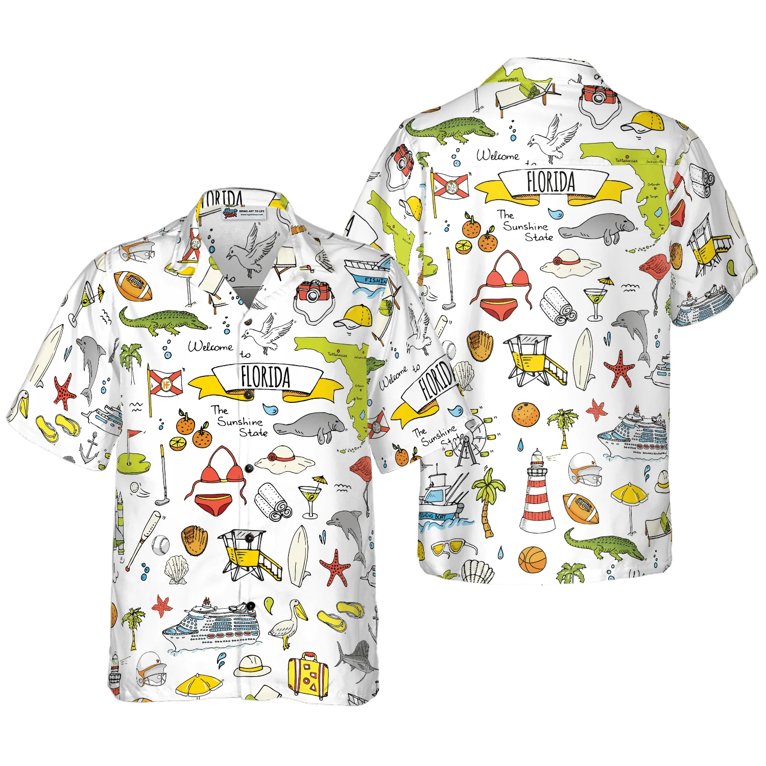 Florida In Hand Drawn Doodle Style USA Hawaiian Shirt, Colorful Summer Aloha Shirts For Men Women, Perfect Gift For Husband, Wife, Boyfriend