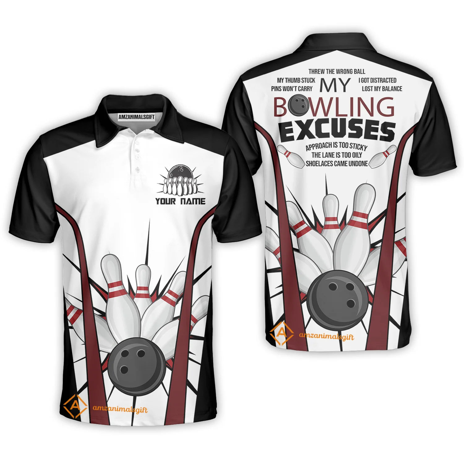 Funny Bowling Custom Polo T-Shirt - Custom Name Funny Bowling Polo Shirts Personalized Bowling Jersey Polo Shirts - Image 3