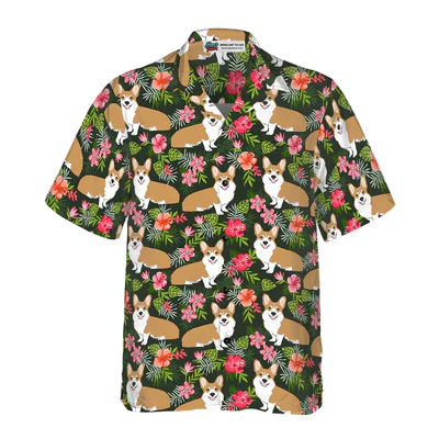 Funny Corgi Hawaiian Shirt, Corgi Tropical Flowers Aloha Shirt For Men - Perfect Gift For Corgi Lovers, Husband, Boyfriend, Friend, Family - Image 3