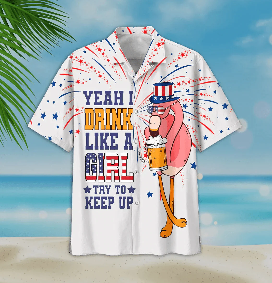 Funny Flamingo Aloha Hawaiian Shirts For Summer, Flamingo Drinking Beer Independence Day 4th Of July Flag Aloha Hawaiian Shirt For Men Women