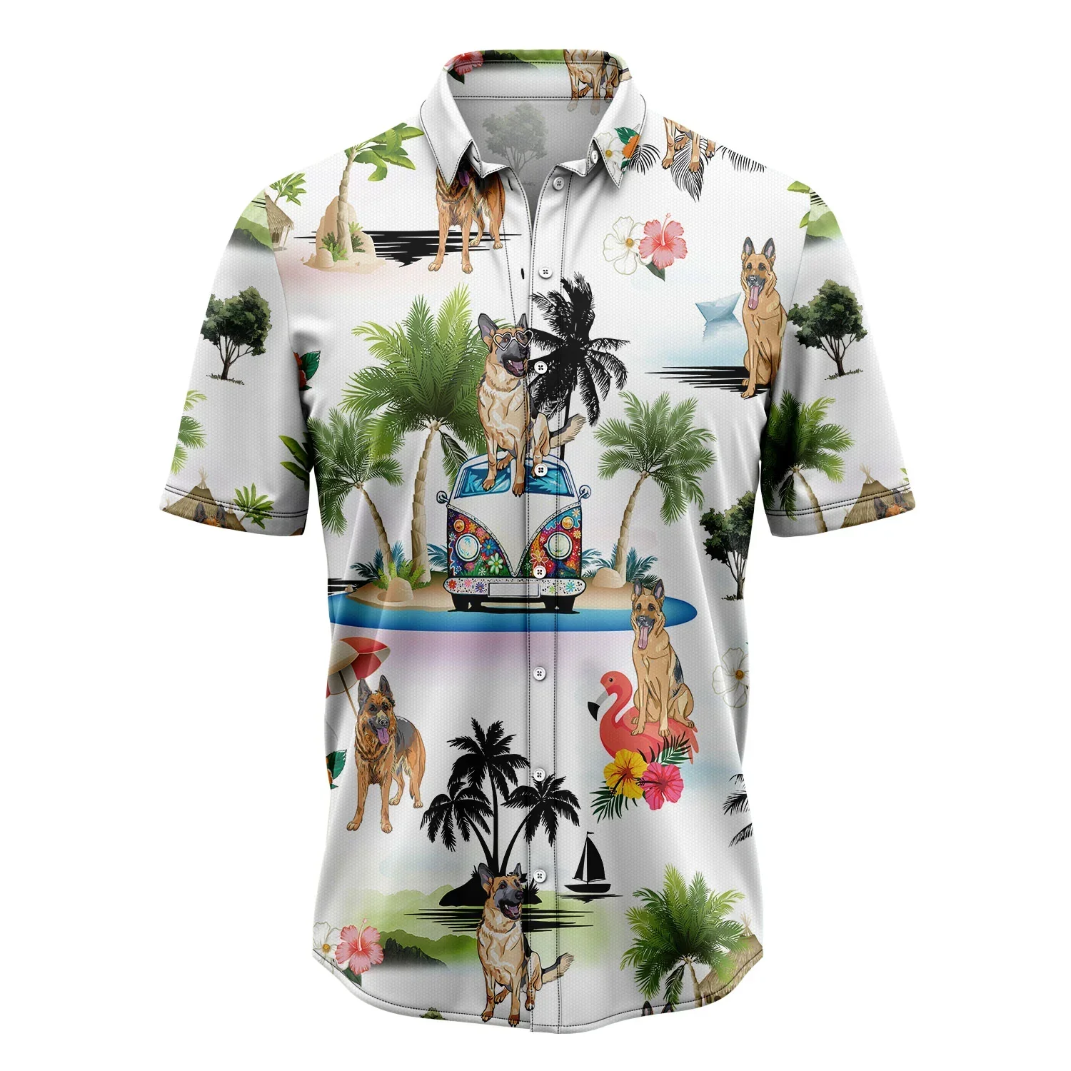 German Shepherd Hawaiian Shirt, Dog Hippie Car Palm Vacation Aloha Shirt For Men Women - Perfect Gift For Dog Lovers, Husband, Boyfriend, Friend, Wife