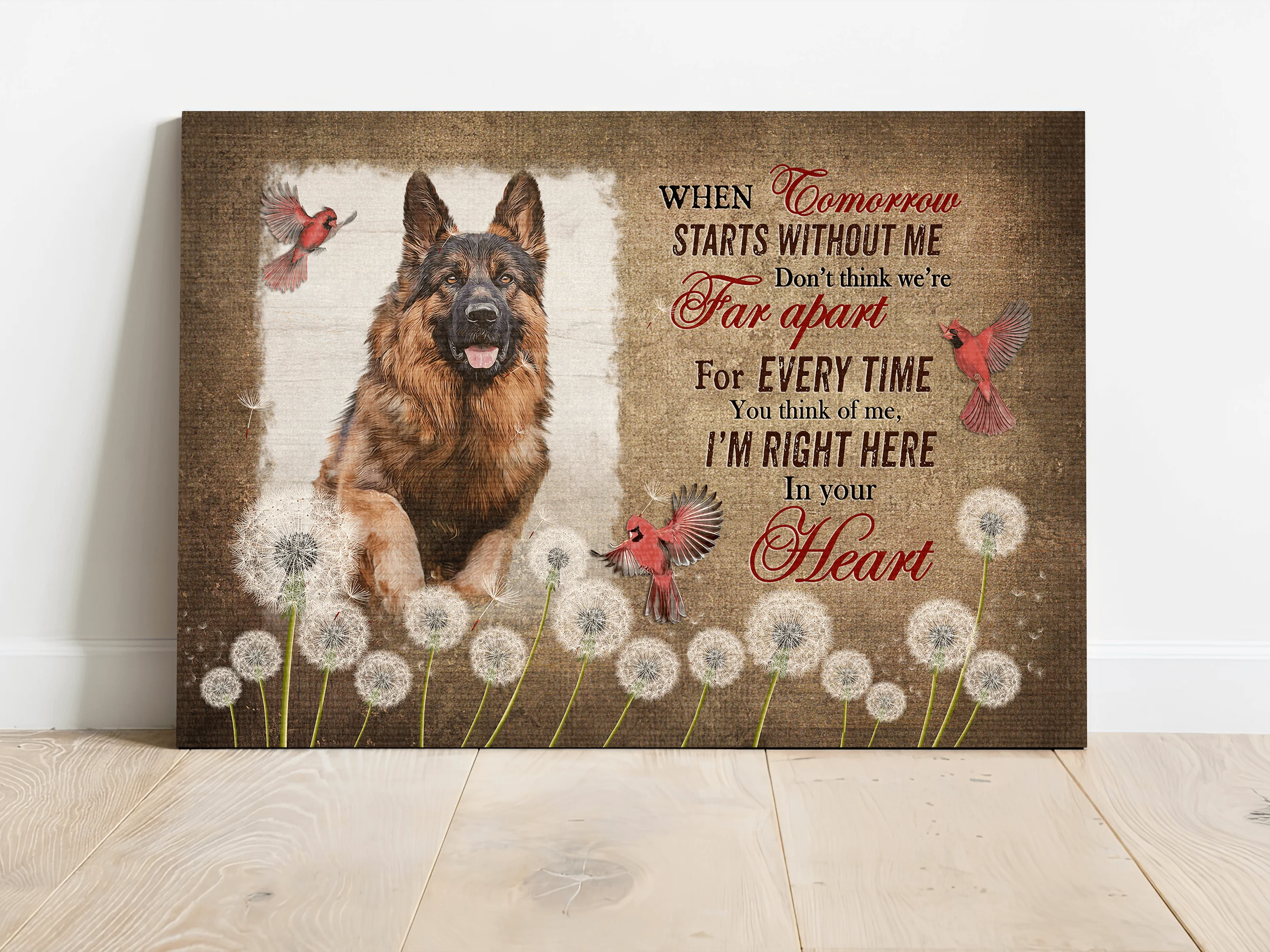 German Shepherd Memorial Landscape Canvas - Premium Wrapped Canvas Gift For German Shepherd Lovers, Dandelion Field And Red Cardinal - Image 2