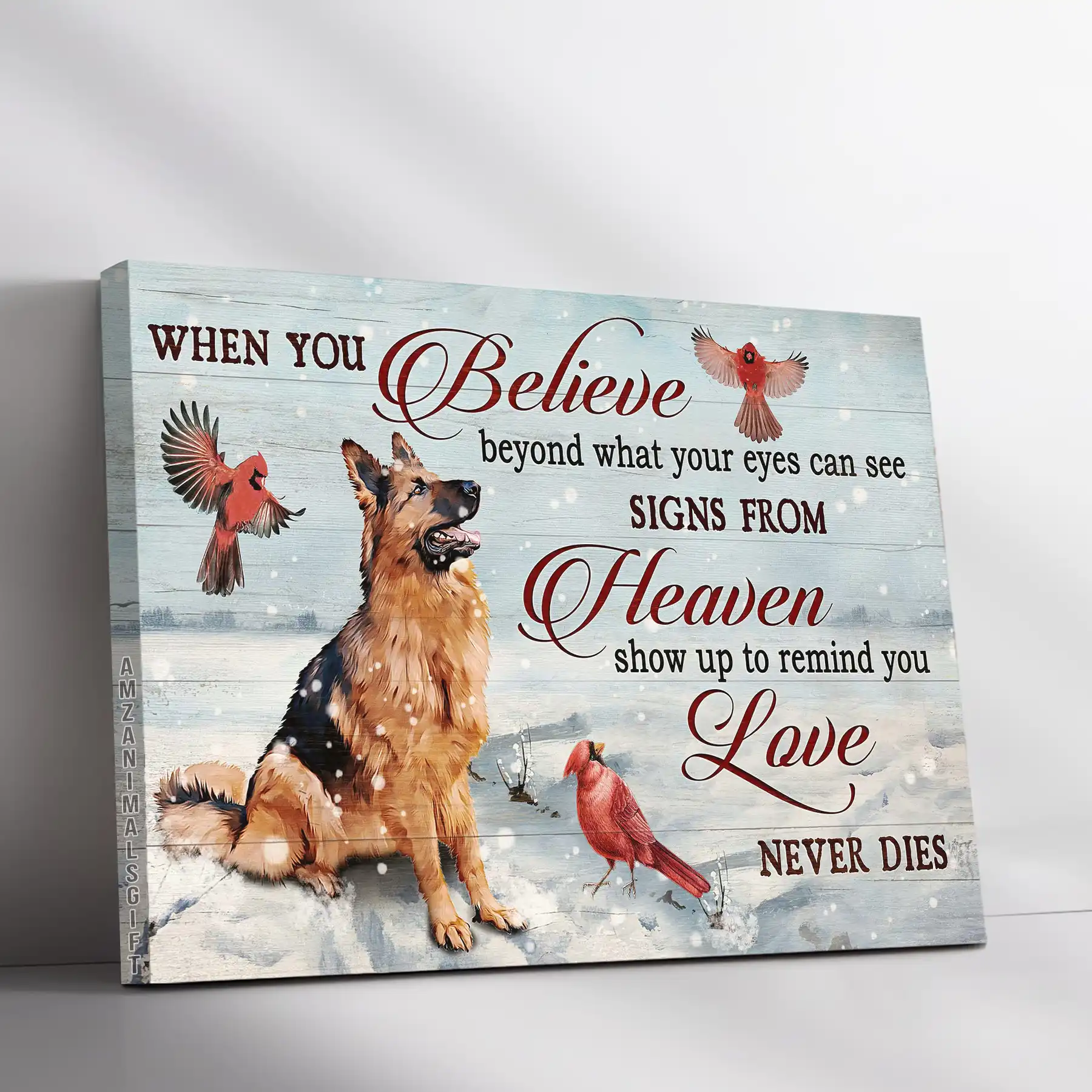 German Shepherd Memorial Landscape Canvas, Premium Wrapped Canvas Gift For German Shepherd Lovers, German Shepherd And Cardinals, Signs From Heaven