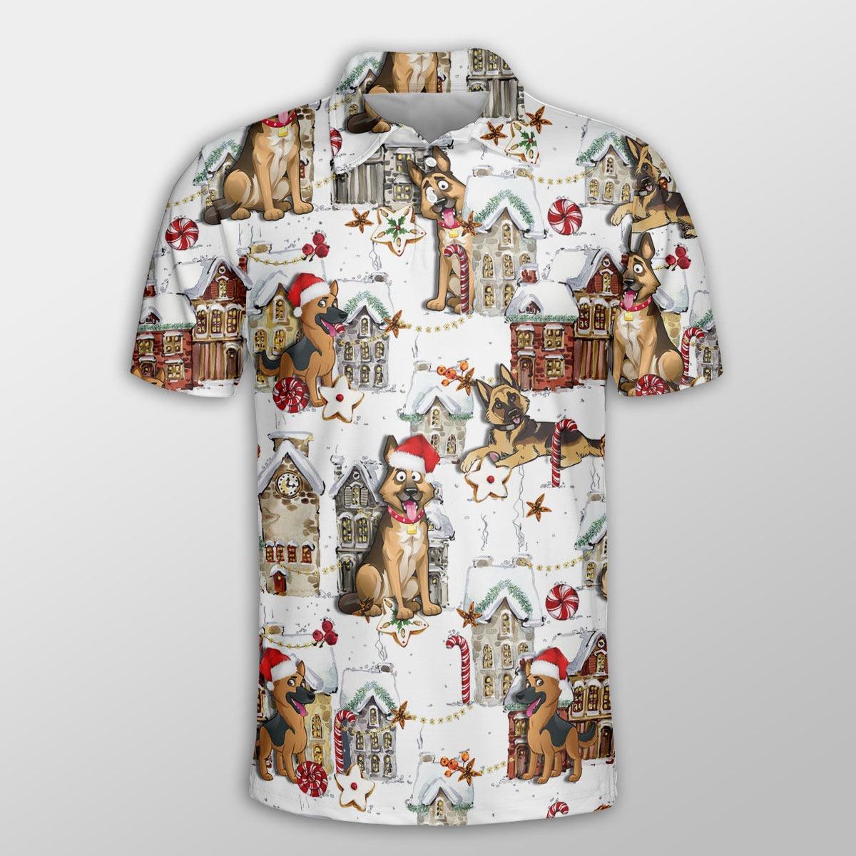 German Shepherd Men Polo Shirts - German Shepherd Christmas Town Dog Button Shirts For Men - Perfect Gift For German Shepherd Lovers, Christmas Gifts