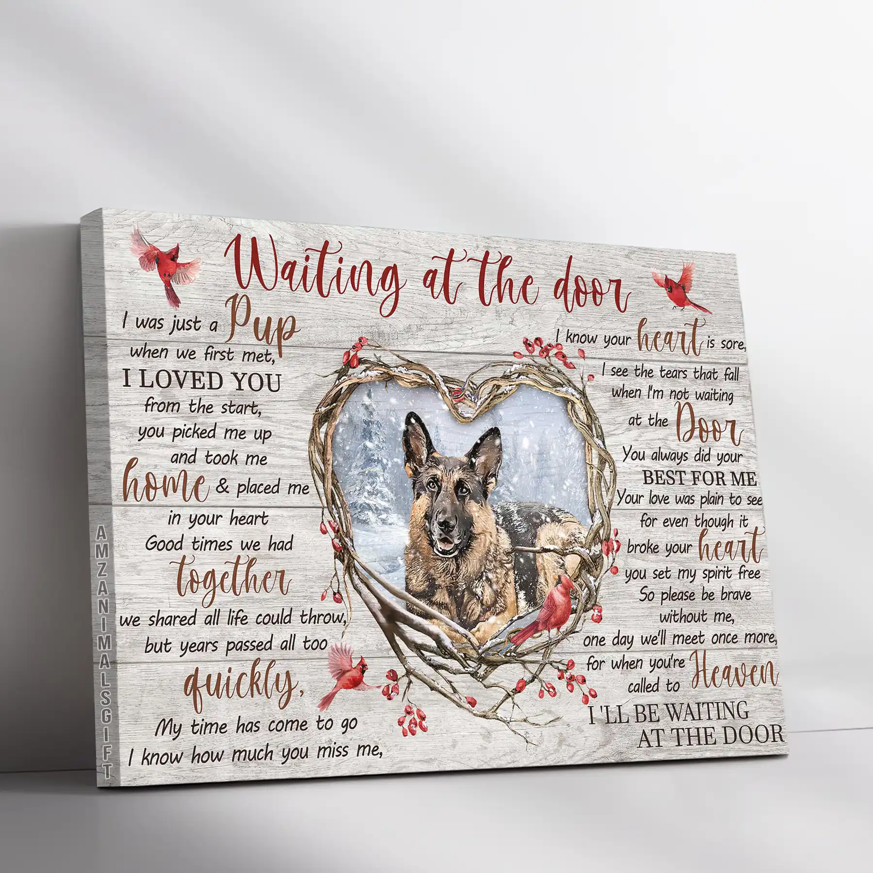German Shepherd Premium Wrapped Landscape Canvas - Heart Of Thorn Red Cardinal, Waiting At The Door - Memorial Gift For German Shepherd Lovers