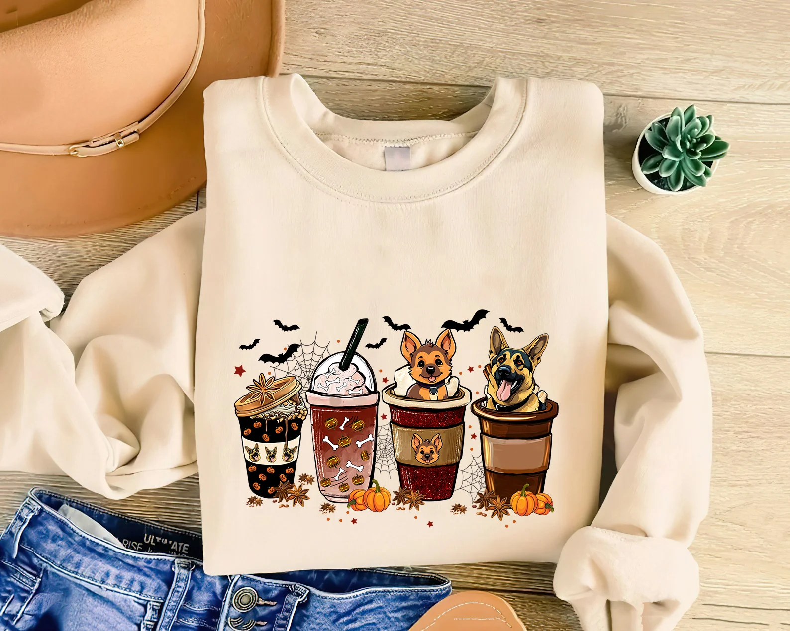 German Shepherd Sweatshirt, Halloween Coffee Latte German Shepherd Sweatshirt, Halloween Dog Shirt, German Shepherd Dog Sweatshirt - Image 3